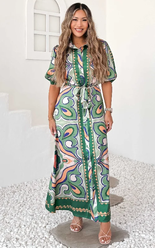 sleeveless V-neck maxi dress-Augustine Short Sleeve Maxi Dress -  Green Multi Print