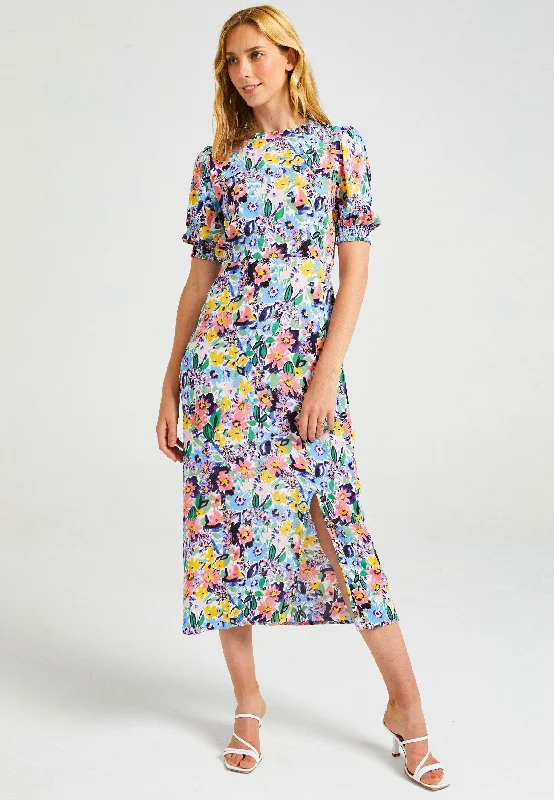 midi dress with trumpet sleeves-Short Sleeve Midi Dress With Leg Slit In Multi Floral Print