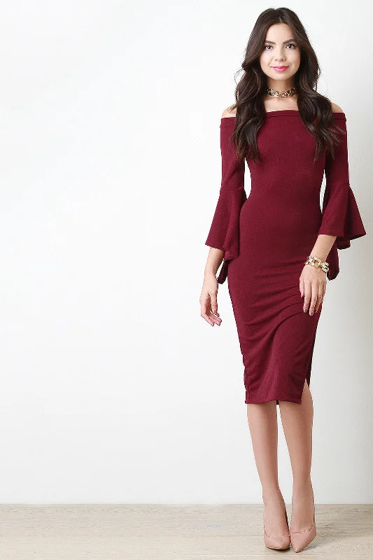 mesh overlay midi dress-Bell Sleeve Bardot Midi Dress