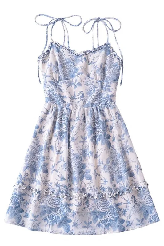 casual t-shirt mini dress-Tie Shoulder Blue Floral Printed Short Dress