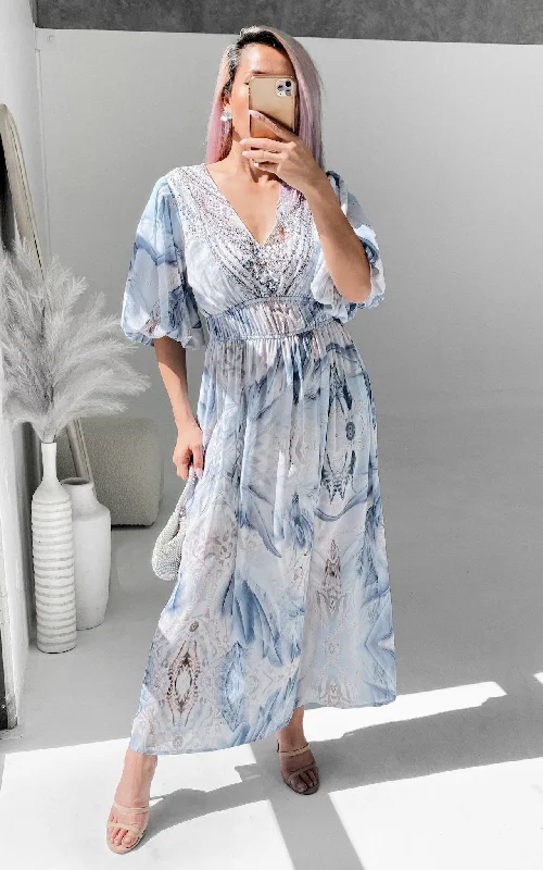 boho inspired tiered maxi dress-Jordina Gem Embellished Maxi Dress - Blue White Print