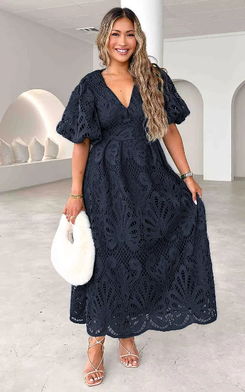 A-line boho maxi dress-Hazelle Lace Maxi Dress - Navy