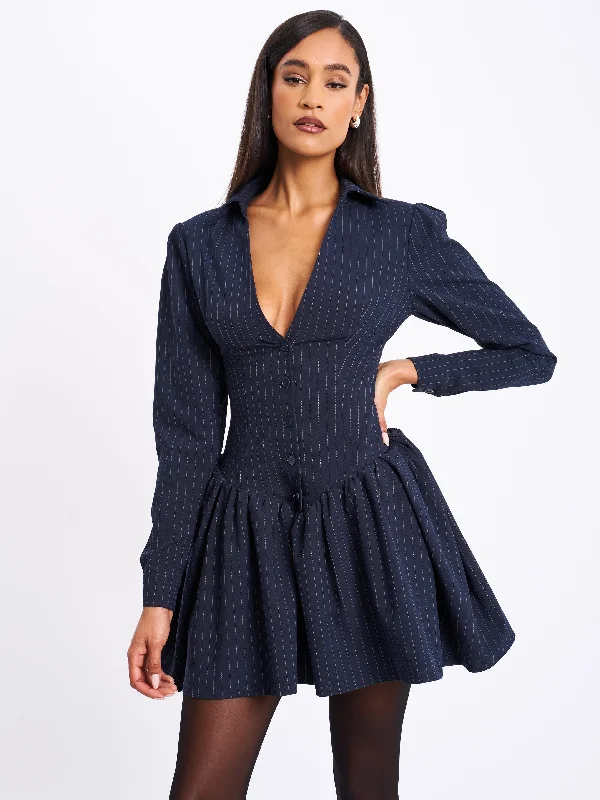 mini dress with pleats-Xabrina Navyblue Pinstripe Long Sleeve Shirt Mini Dress