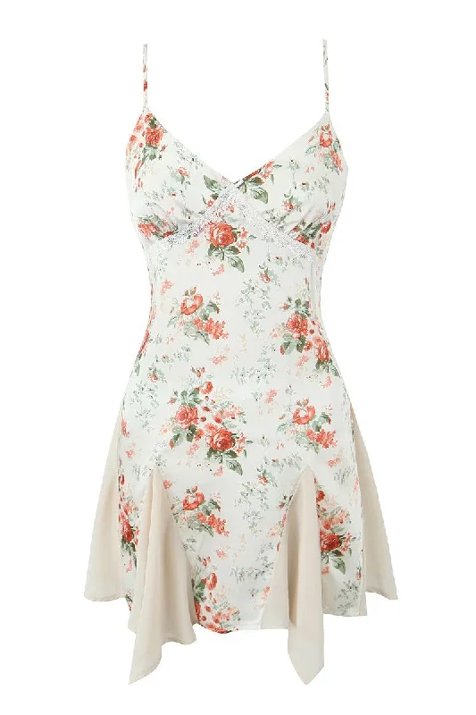 two-piece mini dress set-Spaghetti Straps White Floral Print Short Dress