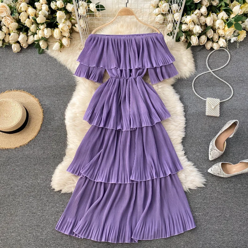 cocktail dress with sequins-Spring Party Dress Women Off Shoulder Layer Ruffles Slim Chiffon     S550