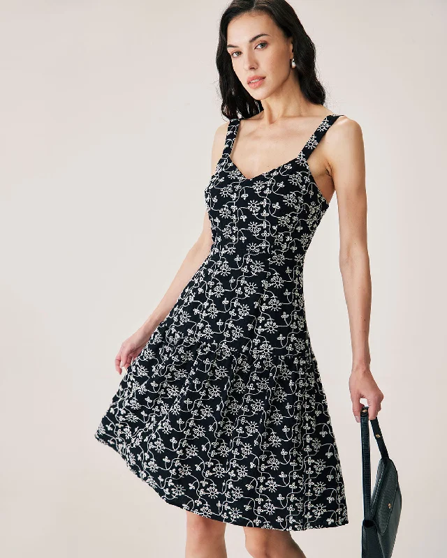 midi dress with shirred waist-Black Floral Embroidery Slip Midi Dress