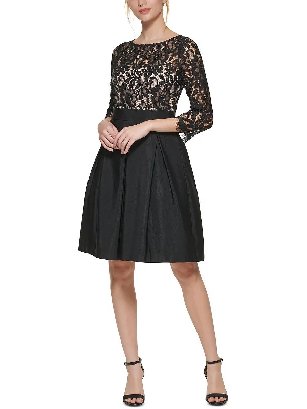 cocktail dress with tulle overlay-Womens Lace-Top Boat-Neck Cocktail and Party Dress