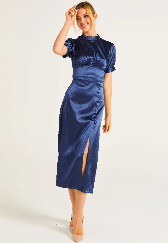 fitted midi dress-Puff Sleeve Midi Dress With Leg Slit In Navy