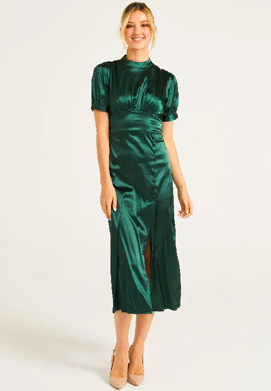 elegant off shoulder midi dress-Puff Sleeve Midi Dress With Leg Slit In Dark Green