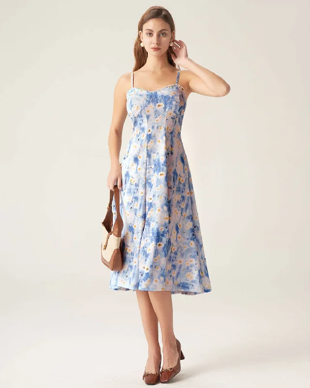 midi dress with crochet lace-Blue Floral Sweetheart Neck Midi Dress