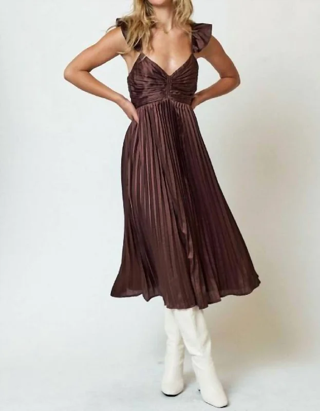 A-line midi dress with sleeves-Pleated Satin Ruffle Strap Midi Dress In Chocolate