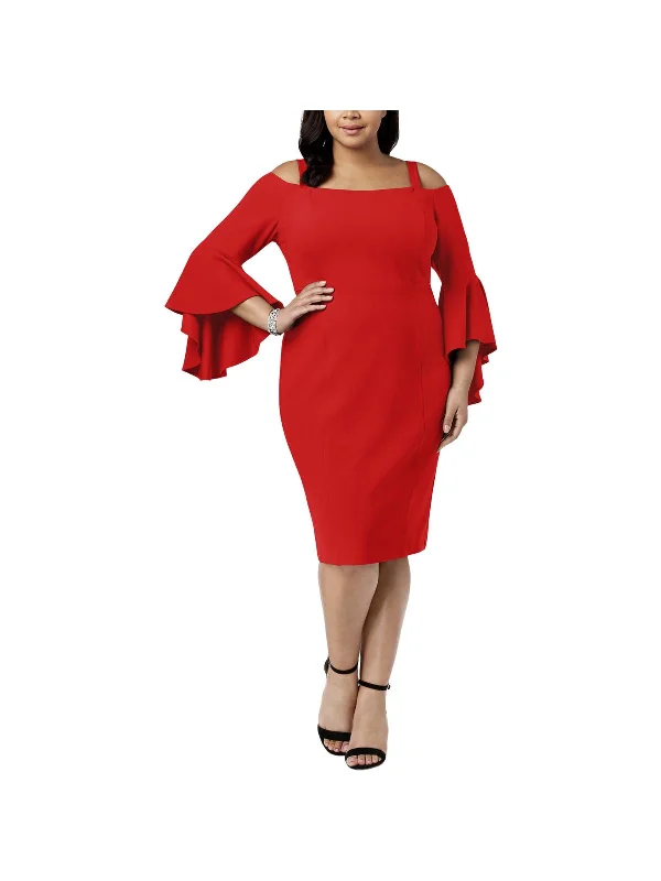 cocktail dress with cape-Plus Womens Off-The-Shoulder Bell Sleeves Cocktail Dress