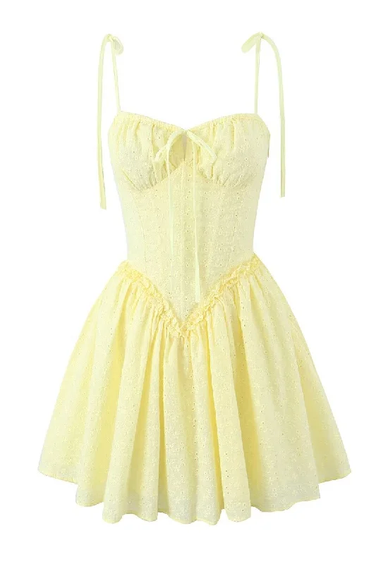 mini dress with smocked bodice-Straps Yellow Tie Front Embroidery Short Dress