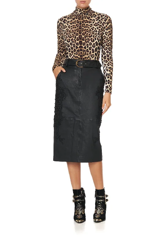 floral applique midi dress-MIDI LEATHER SKIRT LEATHER