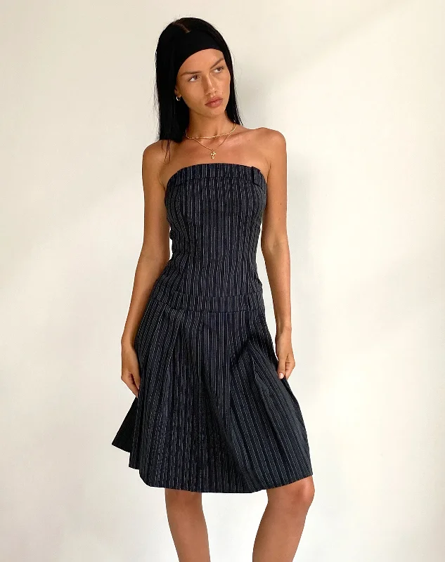 sleeveless wrap midi dress-Aldari Bandeau Midi Dress in Tailoring Black Pinstripe