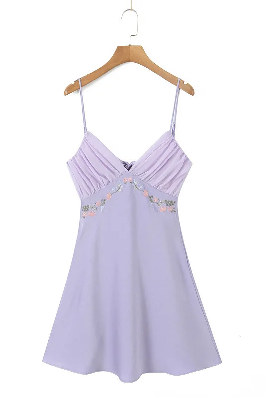 mini dress with frilled cuffs-Lavender Embroidery Short Dress with Back Bow