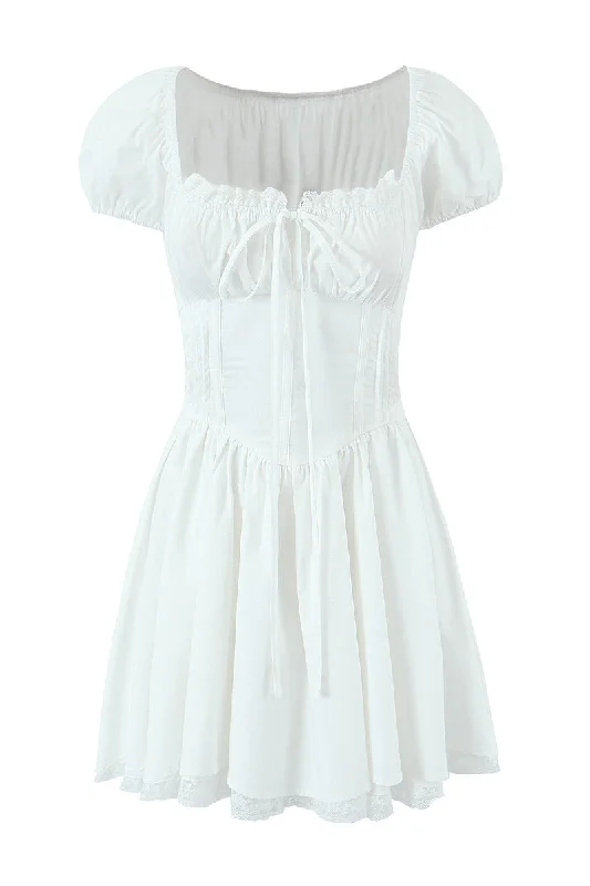 pastel color mini dress-White Lace Patchwork Cotton Short Dress