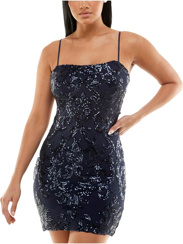 mini dress with tassels-Juniors Womens Sequined Mini Bodycon Dress