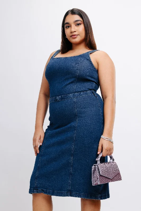 pleated skirt midi dress-Indigo Denim Vintage Midi Dress