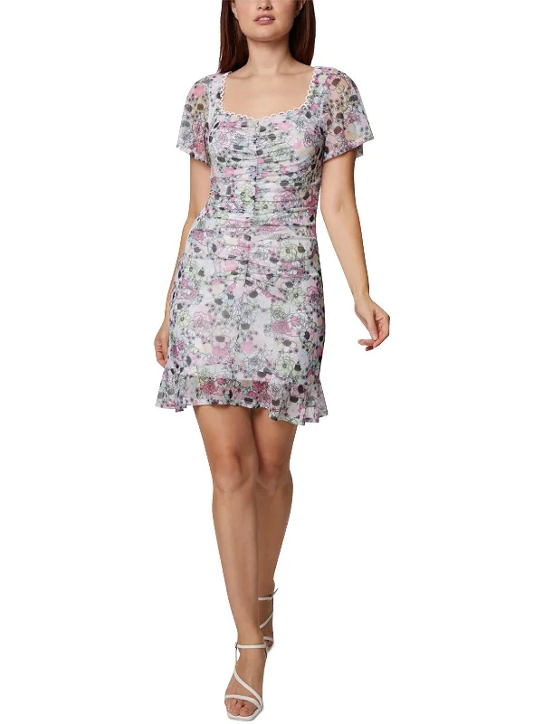 casual sundress mini dress-Womens Mesh Floral Mini Dress