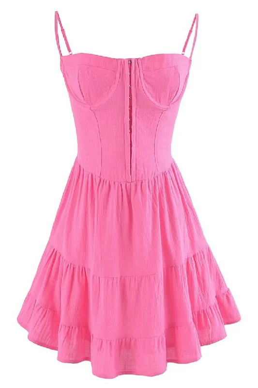 mini dress with tassels-Spaghetti Straps Hot Pink Short Dress with Hooks