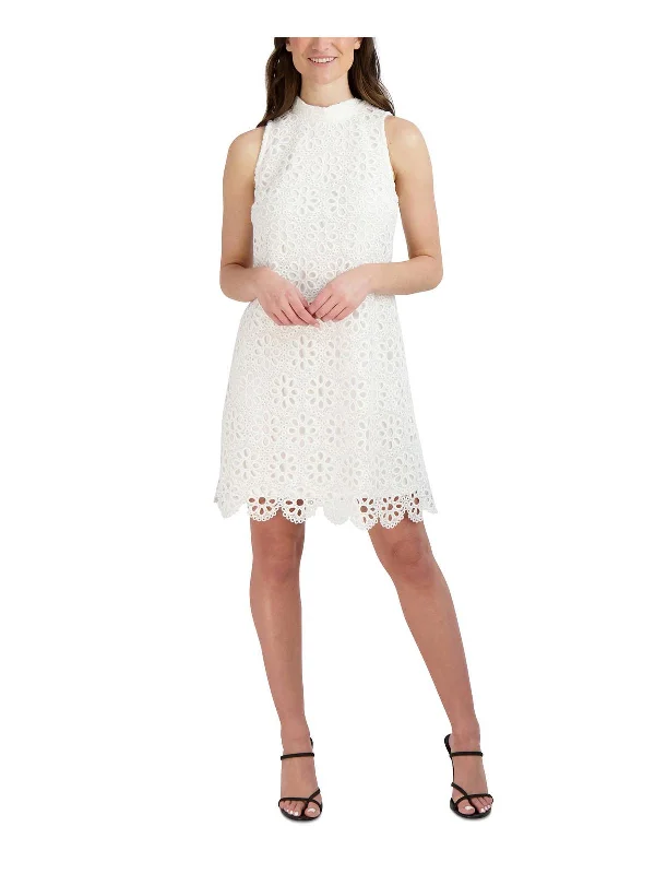 cocktail dress with beaded bodice-Petites Womens Lace Knee Cocktail and Party Dress