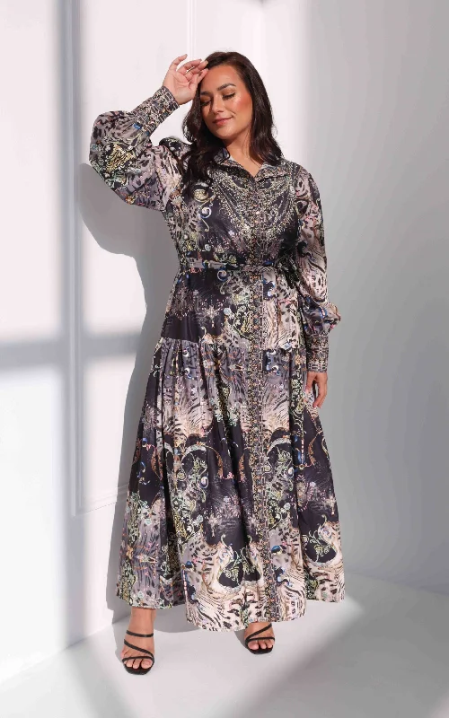 boho floral print tiered maxi dress-Sahara Night Sky Long Sleeve Maxi Dress -  Black Multi Print