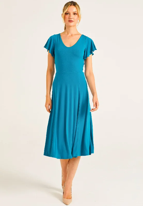 midi dress with embroidery-Reversible Midi Dress With Flutter Sleeves & Waist Tie In Teal