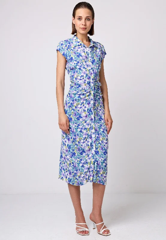 floral midi sundress-Front Ruched Midi Shirt Dress In Floral Print