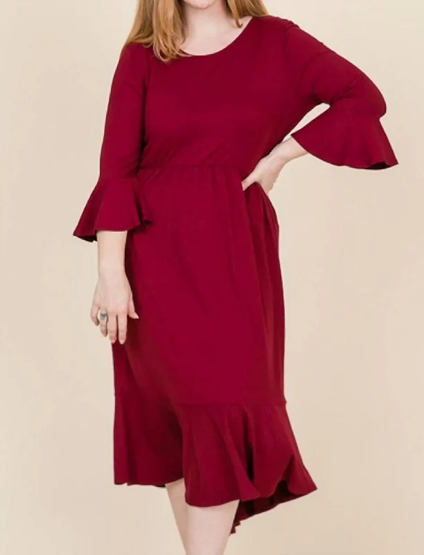 sleeveless bodycon midi dress-Cropped Bell Sleeve Midi Dress In Burgundy