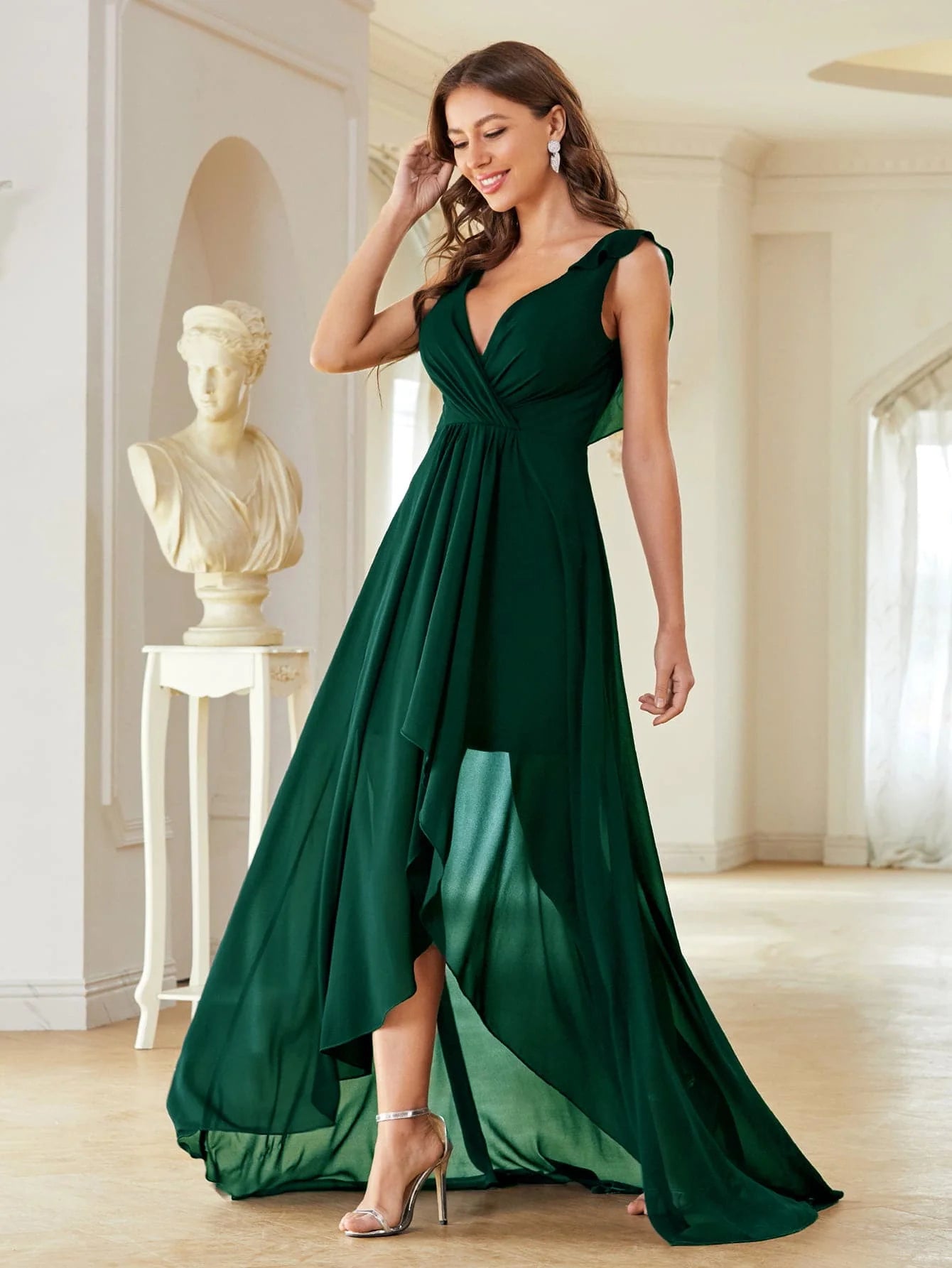 satin cocktail dress-High Low Style Chiffon Front Ruffle Trim Party Dress