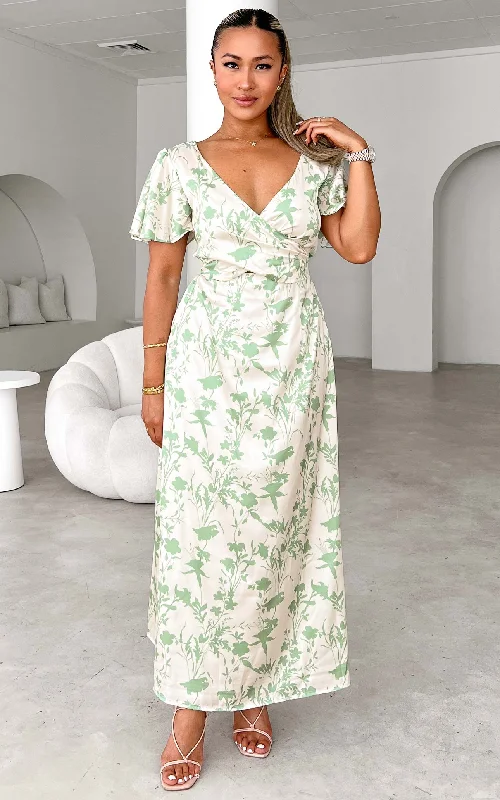 summer casual midi maxi dress-Roza Short Sleeve Maxi Dress - Cream Sage Floral