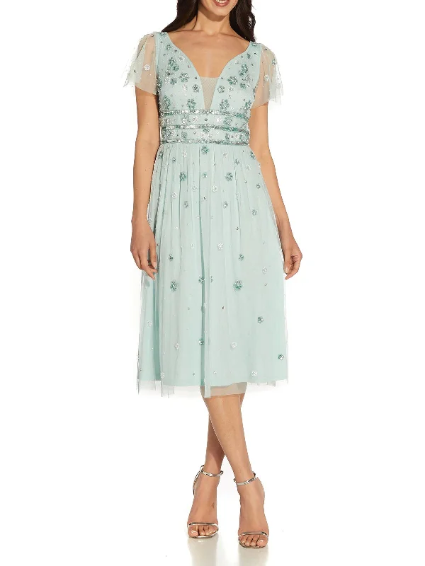 cocktail dress with beads-Womens Floral Embellished Cocktail and Party Dress