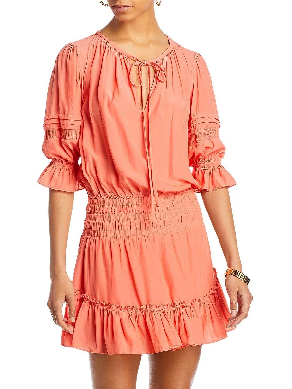 button-down mini dress-Aleks Womens Smocked Short Mini Dress