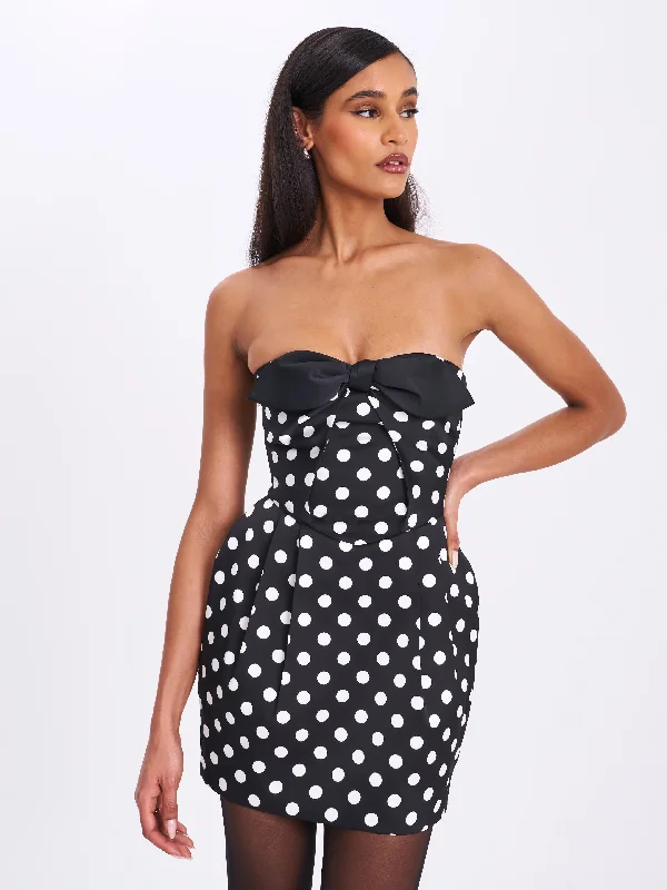 mini dress with sweetheart neckline-Tahira Black Polka Strapless Mini Dress with Bow