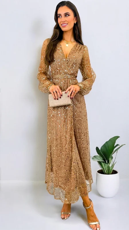 V-neck midi dress-5-A2037 Kilray Golden Sequin Midi Dress