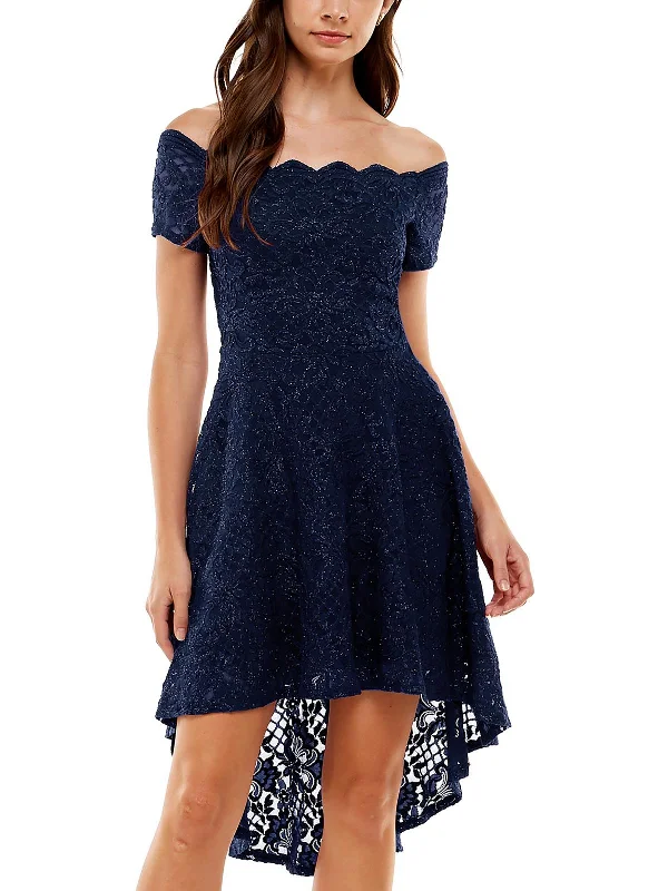 sleeveless v-neck mini dress-Juniors Womens Lace Overlay Knee Length Fit & Flare Dress