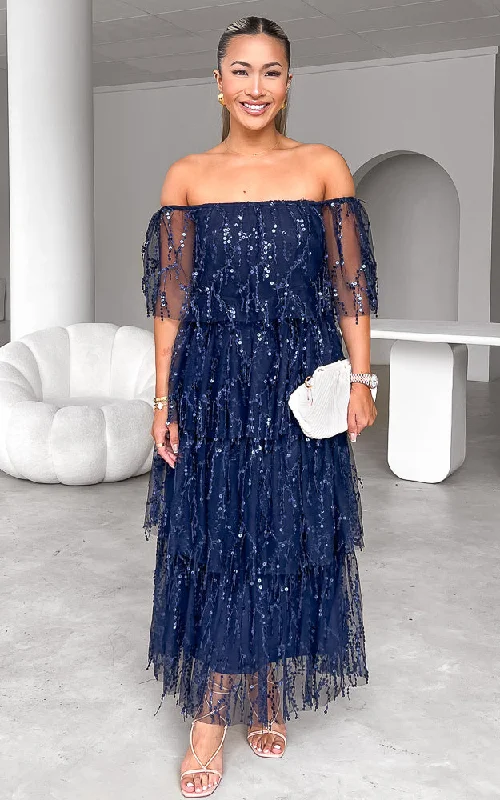 A-line boho maxi dress-Fantango Maxi Dress - Navy Sequin