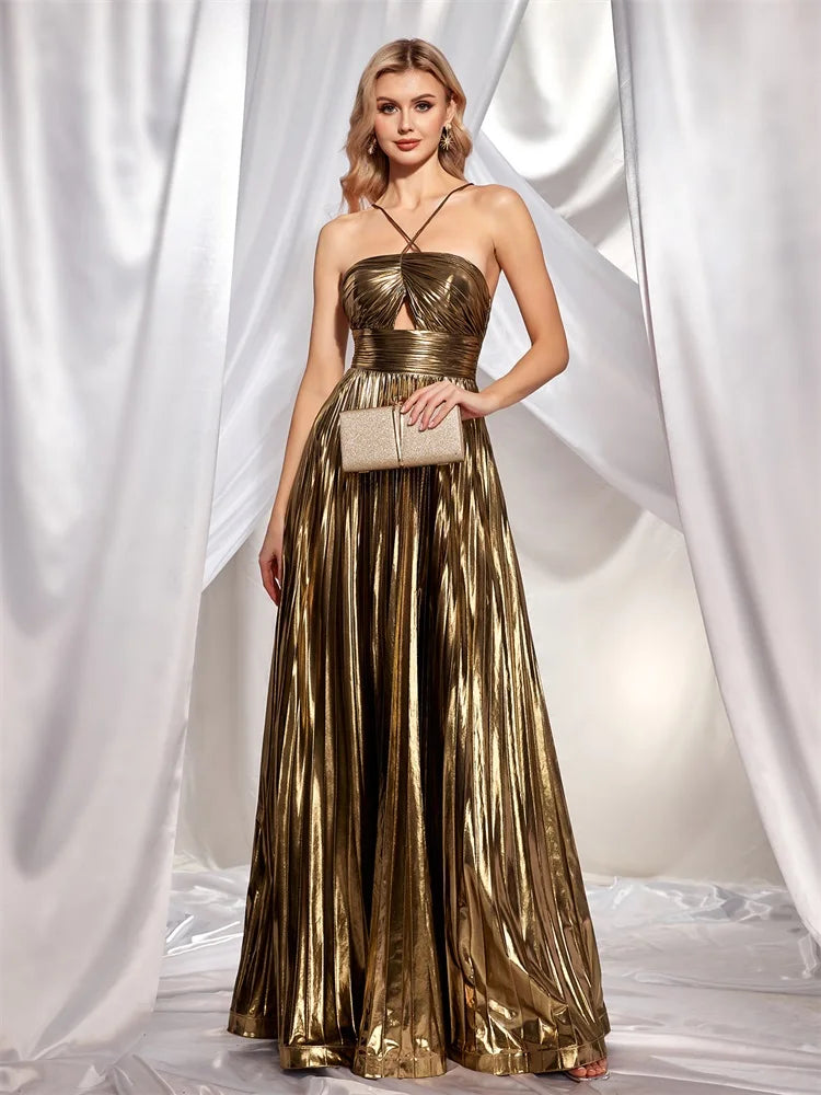 ruched cocktail dress-Gold Spaghetti Straps Pleated Metallic Satin Party Dress