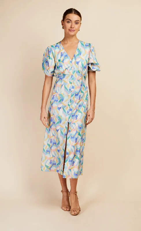 floral patchwork midi dress-Pastel Print Button Front Midi Dress by Vogue Williams