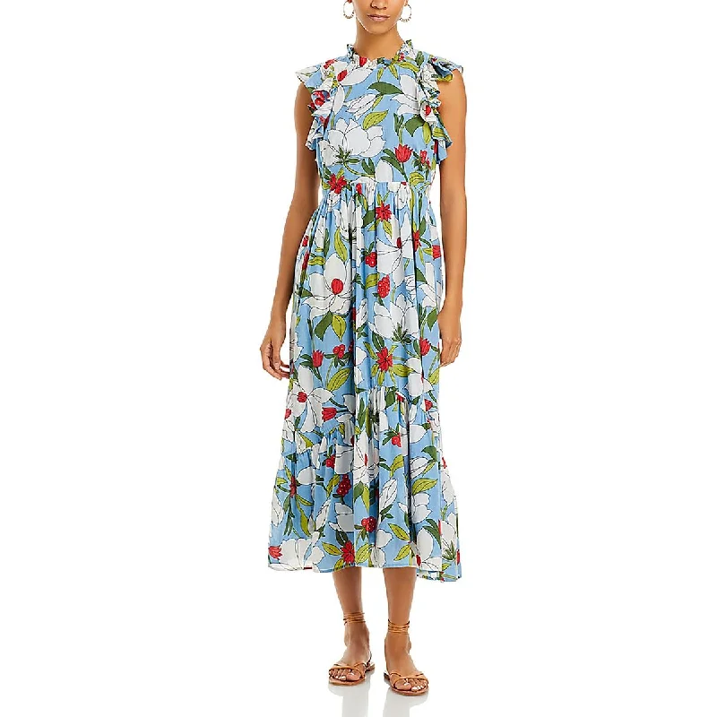 boho smocked midi dress-Hannah Womens Floral Ruffled Midi Dress