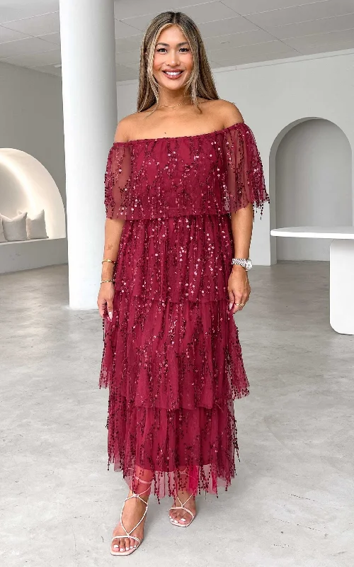 sleeveless fit and flare maxi dress-Fantango Maxi Dress - Wine Sequin