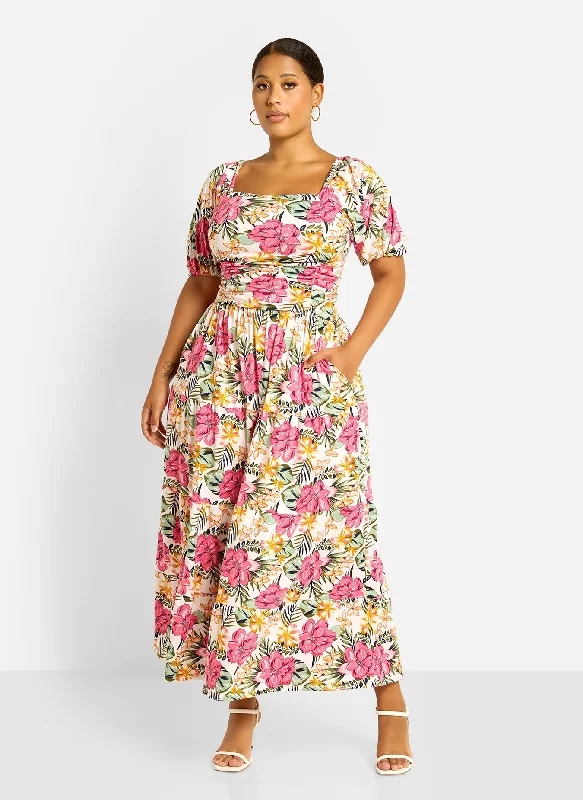 casual drawstring waist maxi dress-Lana Ruched Skater Maxi Dress - Floral