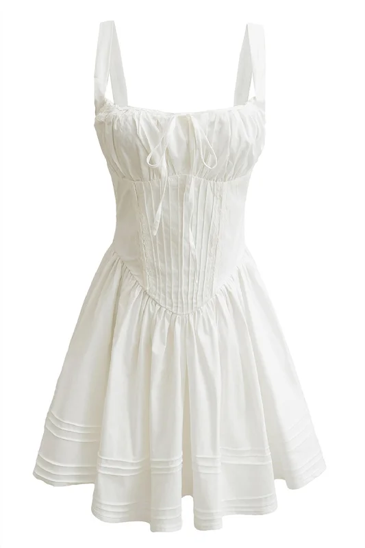 fitted v-neck mini dress-Straps White Tie Front Ruched Short Dress