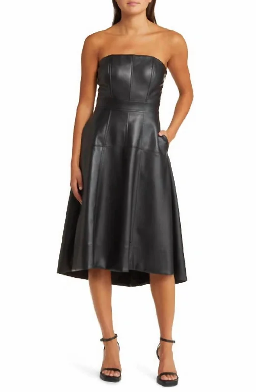 mini dress with frilled cuffs-Dawn Faux Leather Strapless Fit & Flare Dress In Black