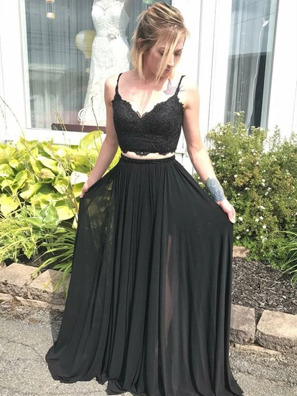 tulle evening dress-2 Piece V Neck Spaghetti Straps Black Lace Long Prom, Black 2 Pieces Graduation, Black Formal Evening