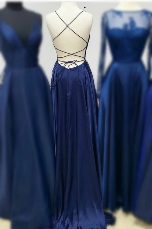 evening gown with crystals-Bridelily Backless Floor Length Prom Dress Split Charmeuse Prom Dress