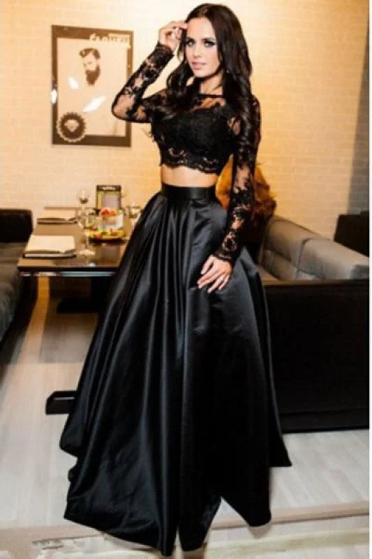 elegant evening gown with train-A-line Black Two Piece Long Sleeve Floor Length Satin Evening Dress with Lace