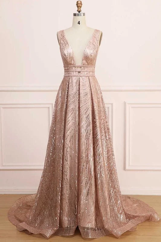 ruched evening gown-A Line Deep V Neck Long Prom with Sequins Glitter Sleeveless Evening Dress