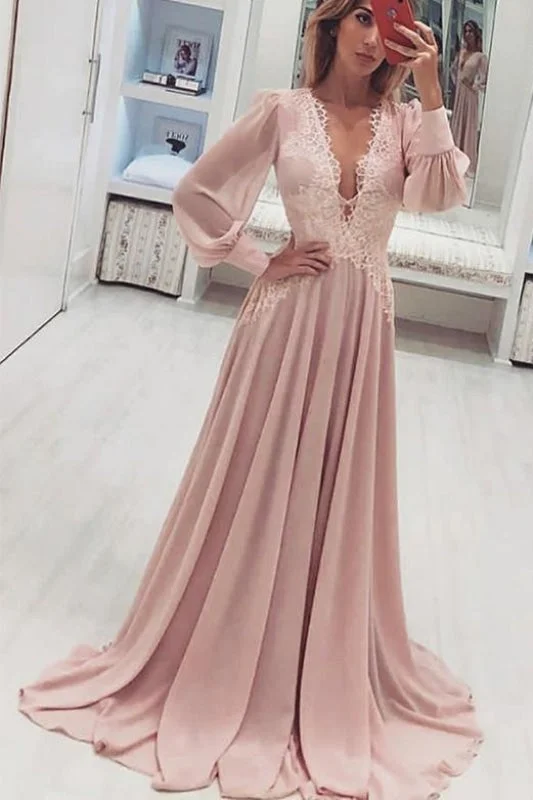 classic black evening dress-A-Line Deep V-Neck Pink Prom Dress with Appliques Long Sleeves